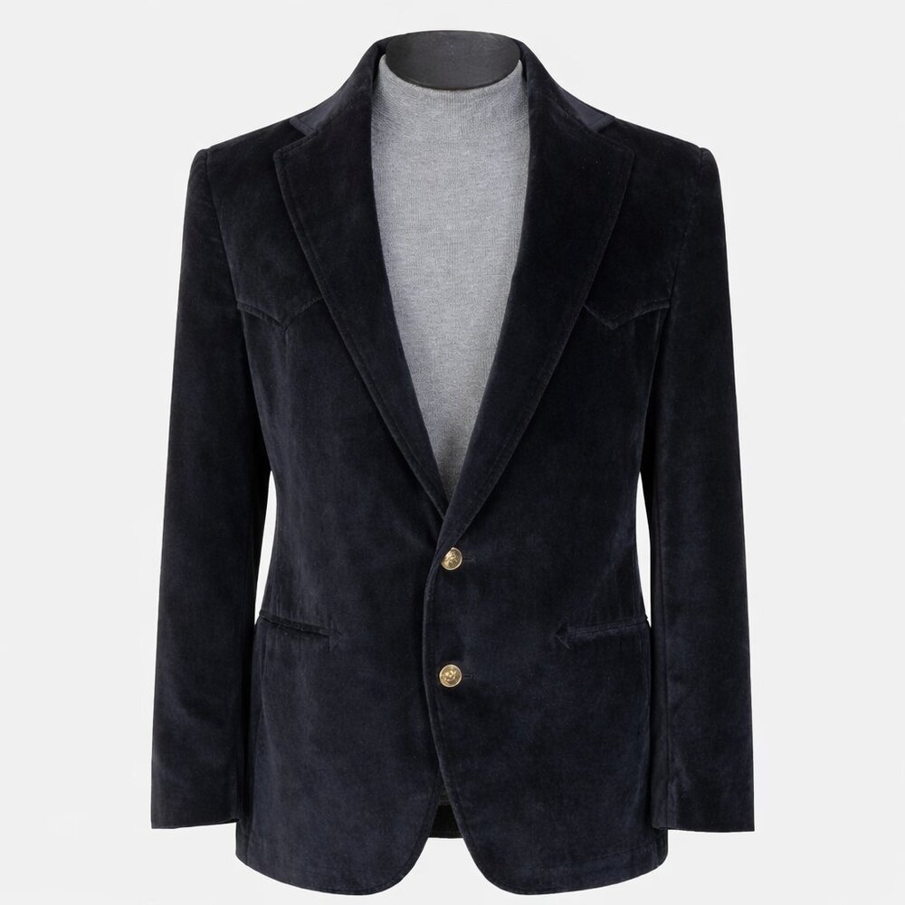 Men’s Velvet Blazer Navy Vintage Western Gold Buttons Made USA 40R Pagano West